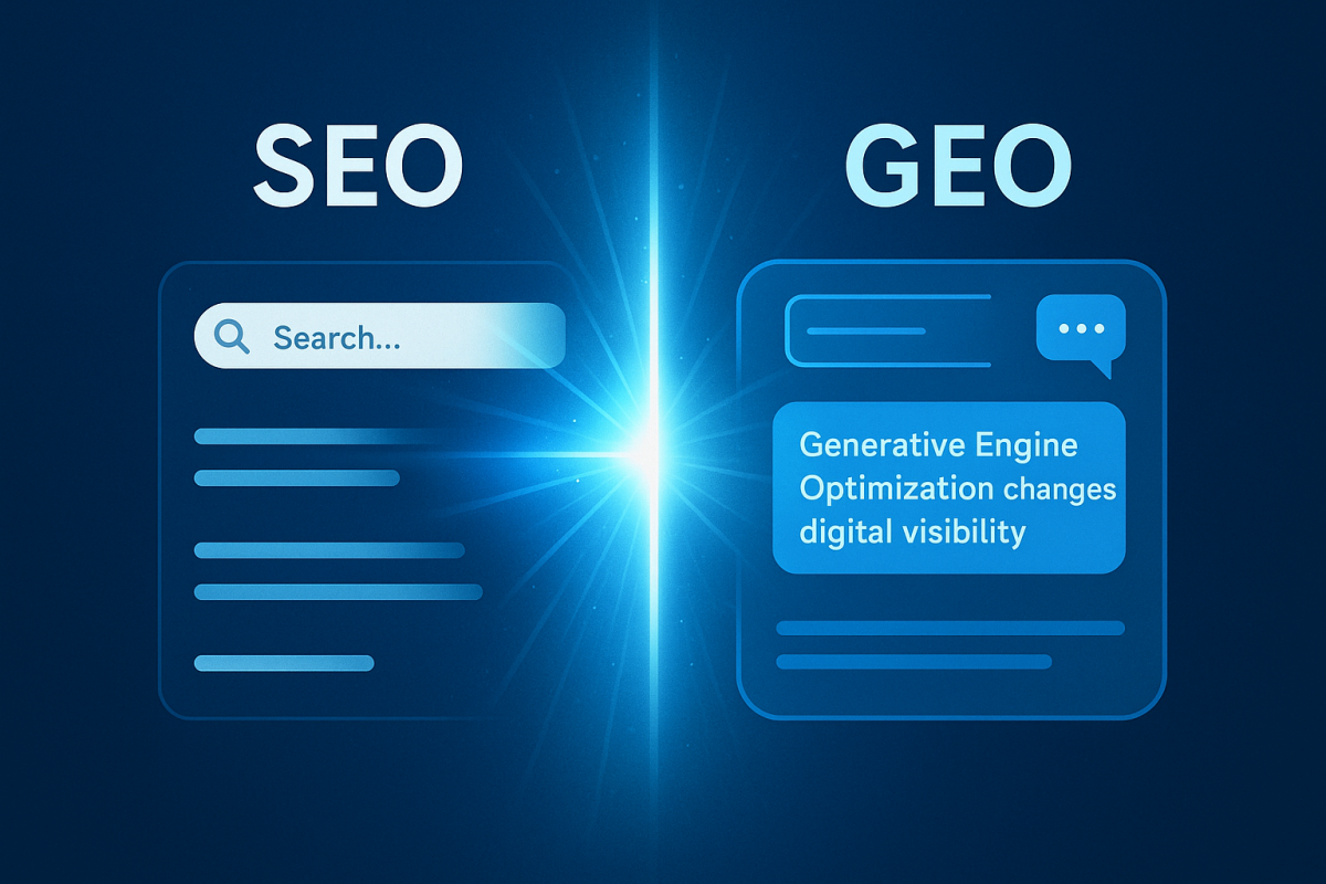 SEO vs. GEO: Googlesuchleiste wird der klassischen KI-Oberfläche gegenübergestellt.